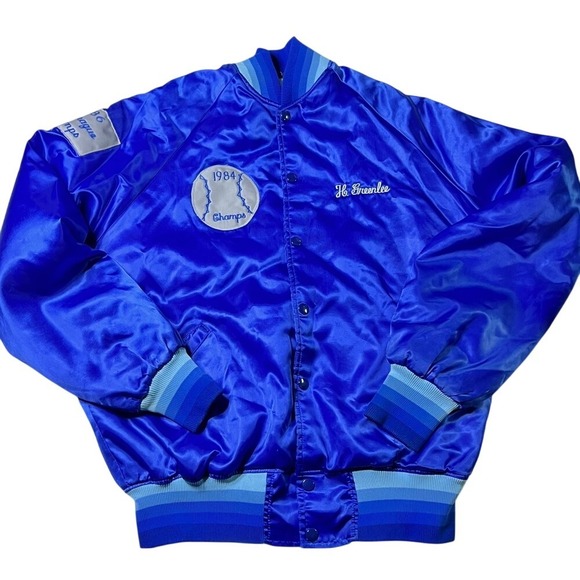 Other - Vintage 1980s Baseball Champs Satin Bomber Jacket H. Greenlee Blue‎ Size?